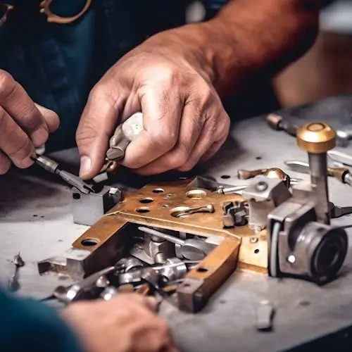 A locksmith repairing or installing locks, detail shot. Generative AI